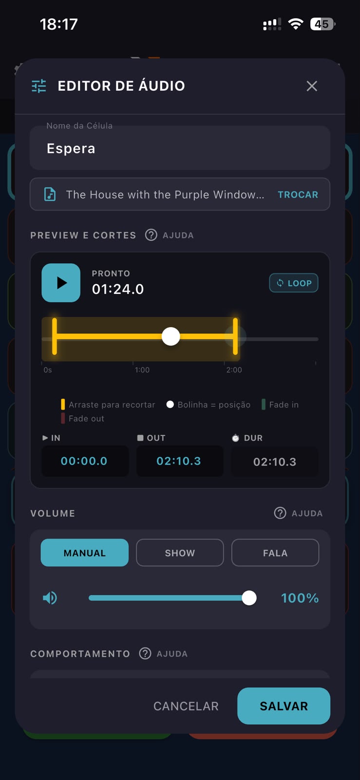 Editor de áudio do Maestro