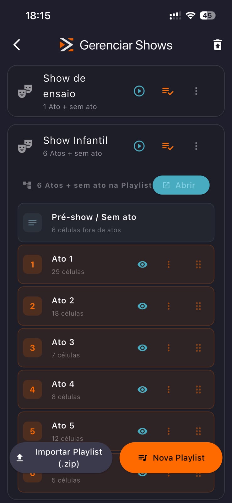 Tela de gerenciamento de shows, atos e playlists