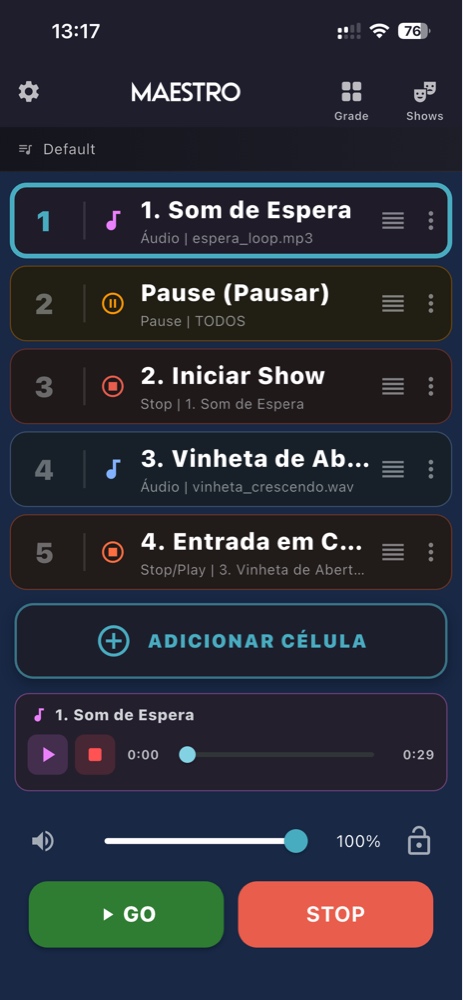 Tela principal do Maestro com cues, GO e STOP
