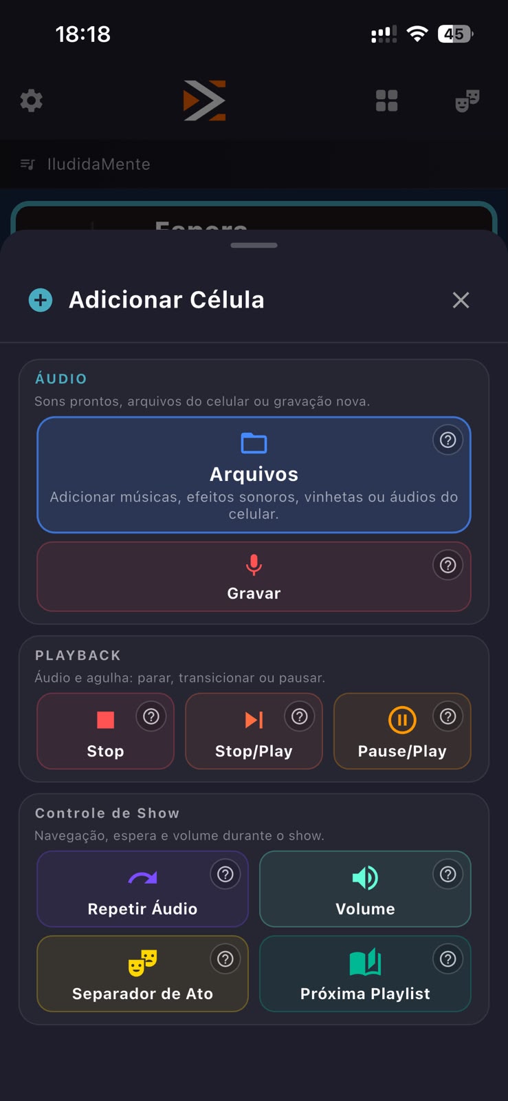 Tela para adicionar áudio e comandos ao show